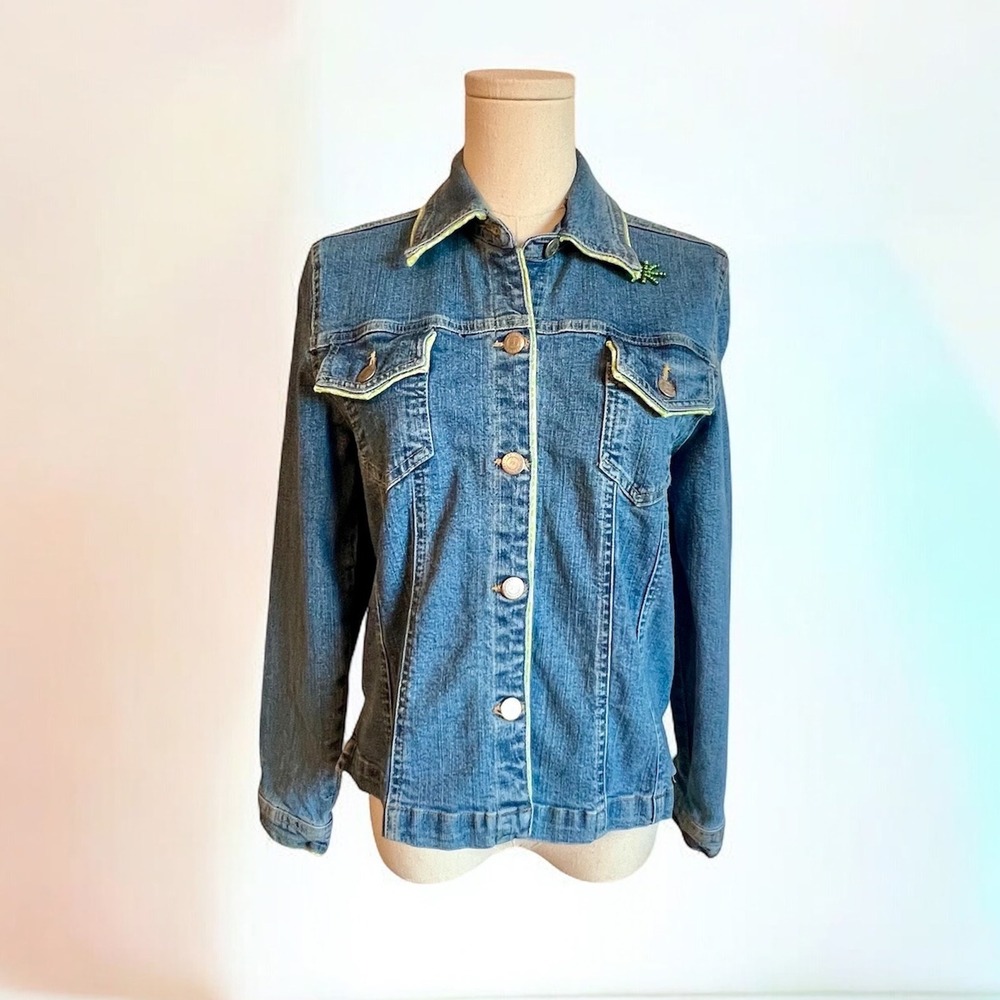3 Sisters Denim‎ Jacket Medium Wash Lime Green Leopard Print Beaded Sunburst S